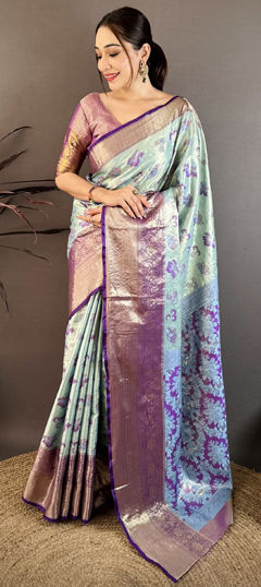 Blue color Saree in Kanjeevaram Silk fabric with Weaving, Zari work