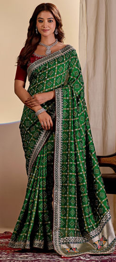 Green color Saree in Art Silk fabric with Bandhej, Embroidered, Printed work
