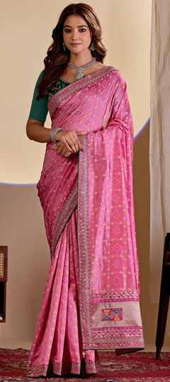 Pink and Majenta color Saree in Art Silk fabric with Bandhej, Embroidered, Printed work