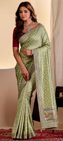 Green color Saree in Art Silk fabric with Bandhej, Embroidered, Printed work