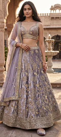 Purple and Violet color Ready to Wear Lehenga in Velvet fabric with Embroidered, Sequence, Stone work
