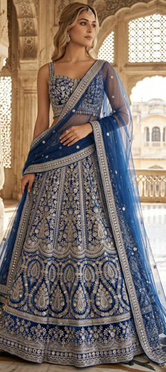 Blue color Ready to Wear Lehenga in Velvet fabric with Mirror, Sequence, Zari work