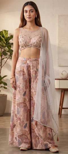 Pink and Majenta color Salwar Kameez in Georgette, Shimmer fabric with Bugle Beads, Printed, Sequence work