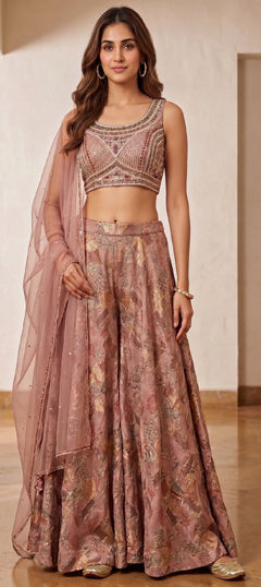 Pink and Majenta color Salwar Kameez in Georgette, Shimmer fabric with Bugle Beads, Embroidered, Sequence work