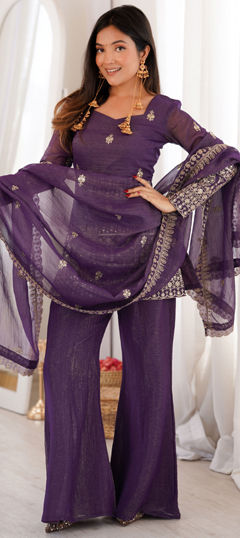 Purple and Violet color Salwar Kameez in Crushed Silk fabric with Embroidered, Sequence, Zari work