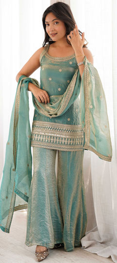 Green color Salwar Kameez in Crushed Silk fabric with Embroidered, Sequence, Zari work