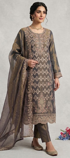 Beige and Brown color Salwar Kameez in Tissue fabric with Embroidered, Sequence, Zircon work