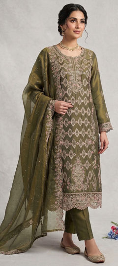 Green color Salwar Kameez in Tissue fabric with Embroidered, Sequence, Zircon work