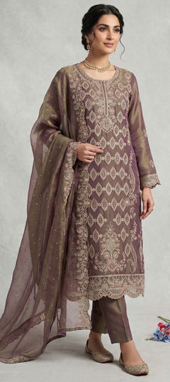 Beige and Brown color Salwar Kameez in Tissue fabric with Embroidered, Sequence, Zircon work