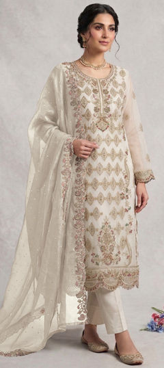 White and Off White color Salwar Kameez in Tissue fabric with Embroidered, Sequence, Zircon work