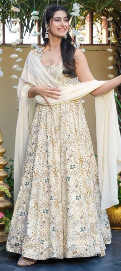 White and Off White color Gown in Rayon fabric with Floral, Printed work