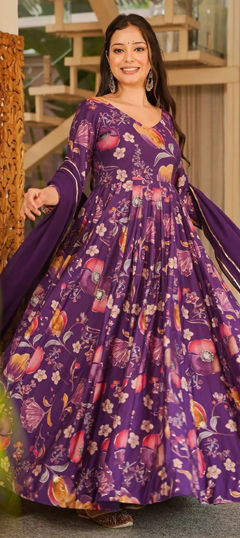 Purple and Violet color Gown in Rayon fabric with Floral, Printed work