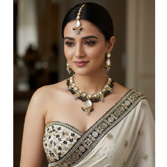 Gold Rodium Polish Black and Grey color Necklace in Brass studded with Kundan