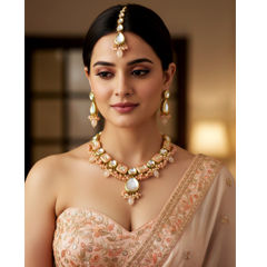 Gold Rodium Polish Pink and Majenta color Necklace in Brass studded with Kundan