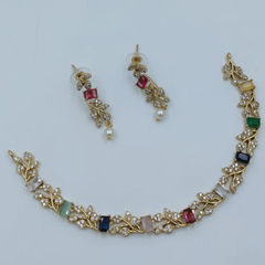 Gold Rodium Polish Multicolor color Necklace in Copper studded with CZ Diamond