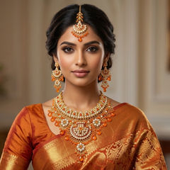 Gold Rodium Polish Orange color Necklace in Metal Alloy studded with Austrian diamond