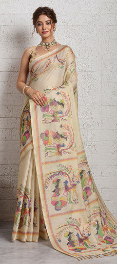 Beige and Brown color Saree in Linen fabric with Printed, Weaving, Zari work