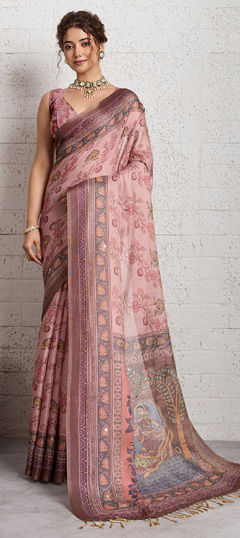 Pink and Majenta color Saree in Linen fabric with Printed, Weaving, Zari work