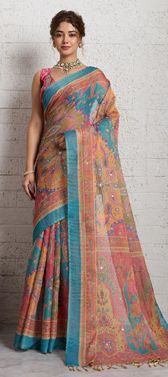 Multicolor color Saree in Linen fabric with Printed, Weaving, Zari work