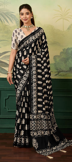 Black and Grey color Saree in Chinon Silk fabric with Digital Print, Mirror work