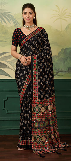 Black and Grey color Saree in Chinon Silk fabric with Digital Print, Mirror work