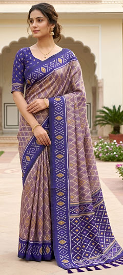 Black and Grey color Saree in Patola Silk fabric with Printed, Weaving work