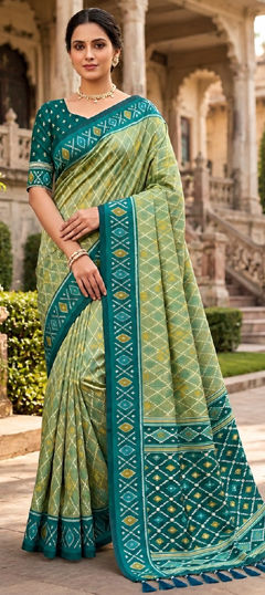 Green color Saree in Patola Silk fabric with Printed, Weaving work