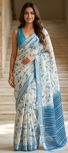 Blue color Saree in Georgette fabric with Floral, Printed work