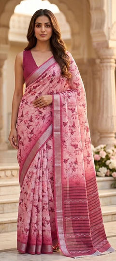Pink and Majenta color Saree in Georgette fabric with Floral, Printed work