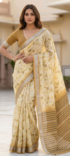 Yellow color Saree in Georgette fabric with Floral, Printed work