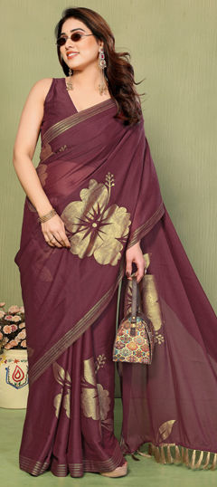Red and Maroon color Saree in Georgette fabric with Foil Print, Lace, Zari work