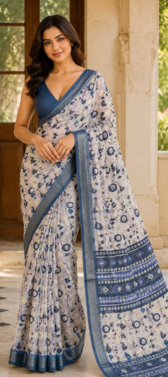 Blue color Saree in Georgette fabric with Floral, Printed work
