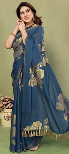 Blue color Saree in Georgette fabric with Foil Print, Lace, Zari work