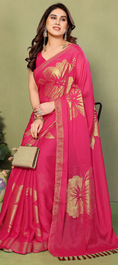 Pink and Majenta color Saree in Georgette fabric with Foil Print, Lace, Zari work