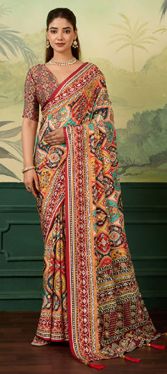 Multicolor color Saree in Crepe Silk fabric with Digital Print, Mirror, Printed work