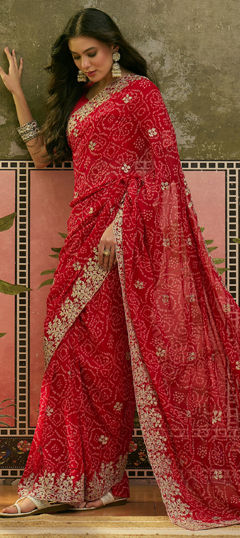 Red and Maroon color Saree in Georgette fabric with Bandhej, Embroidered, Printed work