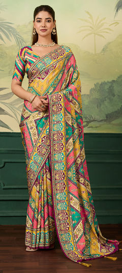 Multicolor color Saree in Crepe Silk fabric with Digital Print, Mirror, Printed work