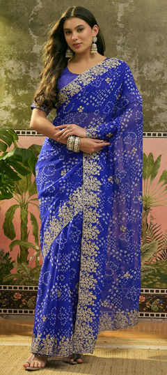 Blue color Saree in Georgette fabric with Bandhej, Embroidered, Printed work