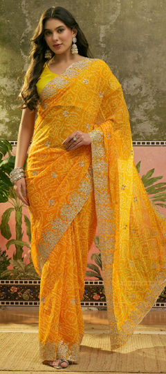 Yellow color Saree in Georgette fabric with Bandhej, Embroidered, Printed work