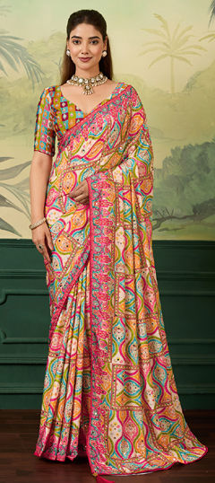 Multicolor color Saree in Crepe Silk fabric with Digital Print, Mirror, Printed work
