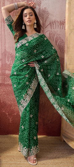 Green color Saree in Georgette fabric with Bandhej, Embroidered, Printed work