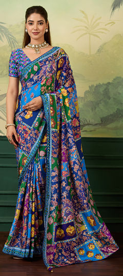 Blue color Saree in Crepe Silk fabric with Digital Print, Mirror, Printed work