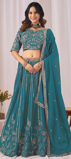Blue color Lehenga in Faux Georgette fabric with Sequence work