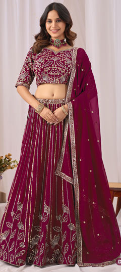 Red and Maroon color Lehenga in Faux Georgette fabric with Sequence work