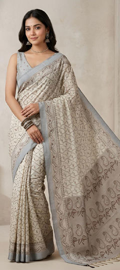 White and Off White color Saree in Silk cotton fabric with Weaving work