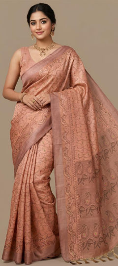 Orange color Saree in Silk cotton fabric with Weaving work