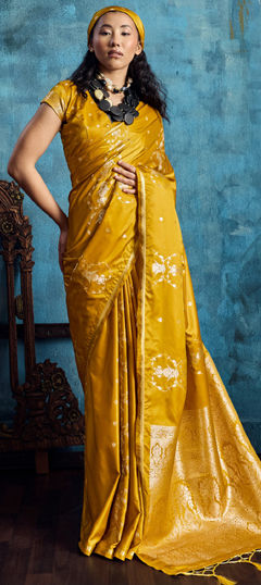 Yellow color Saree in Satin fabric with Weaving work