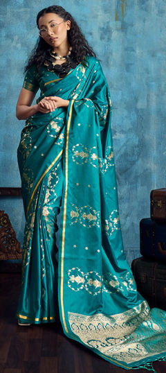 Blue color Saree in Satin fabric with Weaving work
