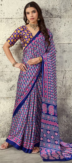 Blue color Saree in Satin fabric with Printed work