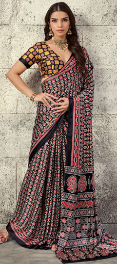 Black and Grey color Saree in Satin fabric with Printed work